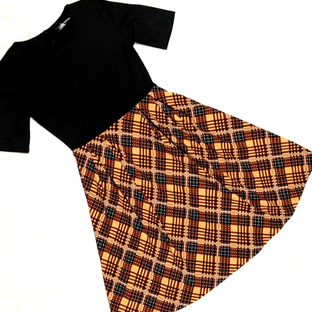 Oxiuly Fashion Fit N Flare Dress Black & Plaid Sz Med Midi A-line Tartan Print